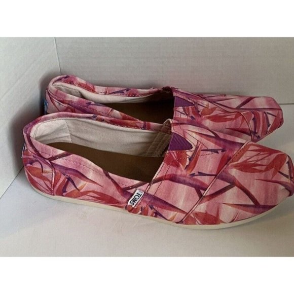 TOMS Pink & Burgundy Bamboo Pattern  womens SZ 10 slip on canvas Shoes WORN ONCE - Picture 4 of 7